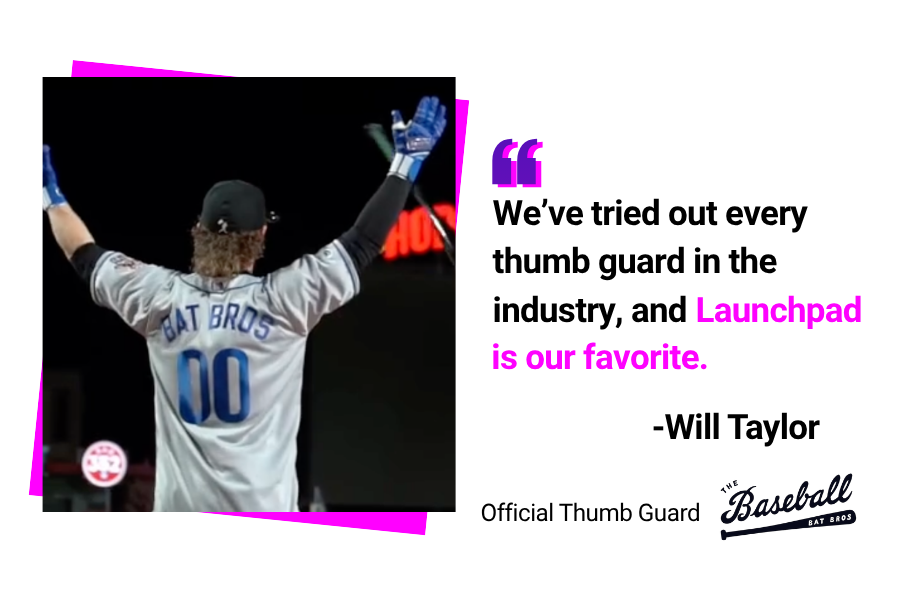 Will Taylor from Baseball Bat Bros with his hands in the air wearing a white Launchpad baseball thumb guard