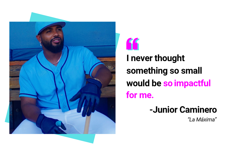 Junior Caminero in the dugout wearing Launchpad baseball thumb guard