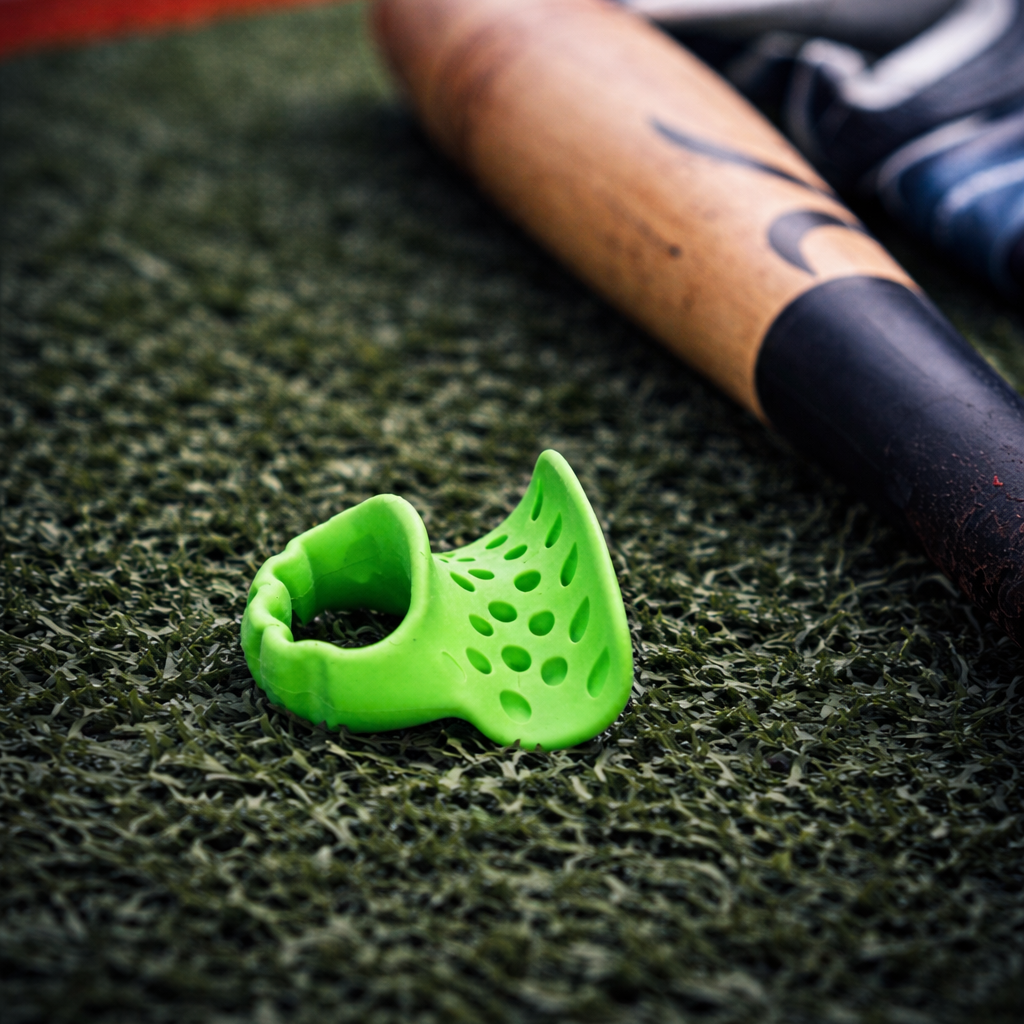 Green thumb guard on a dark textured surface with a baseball bat in the background