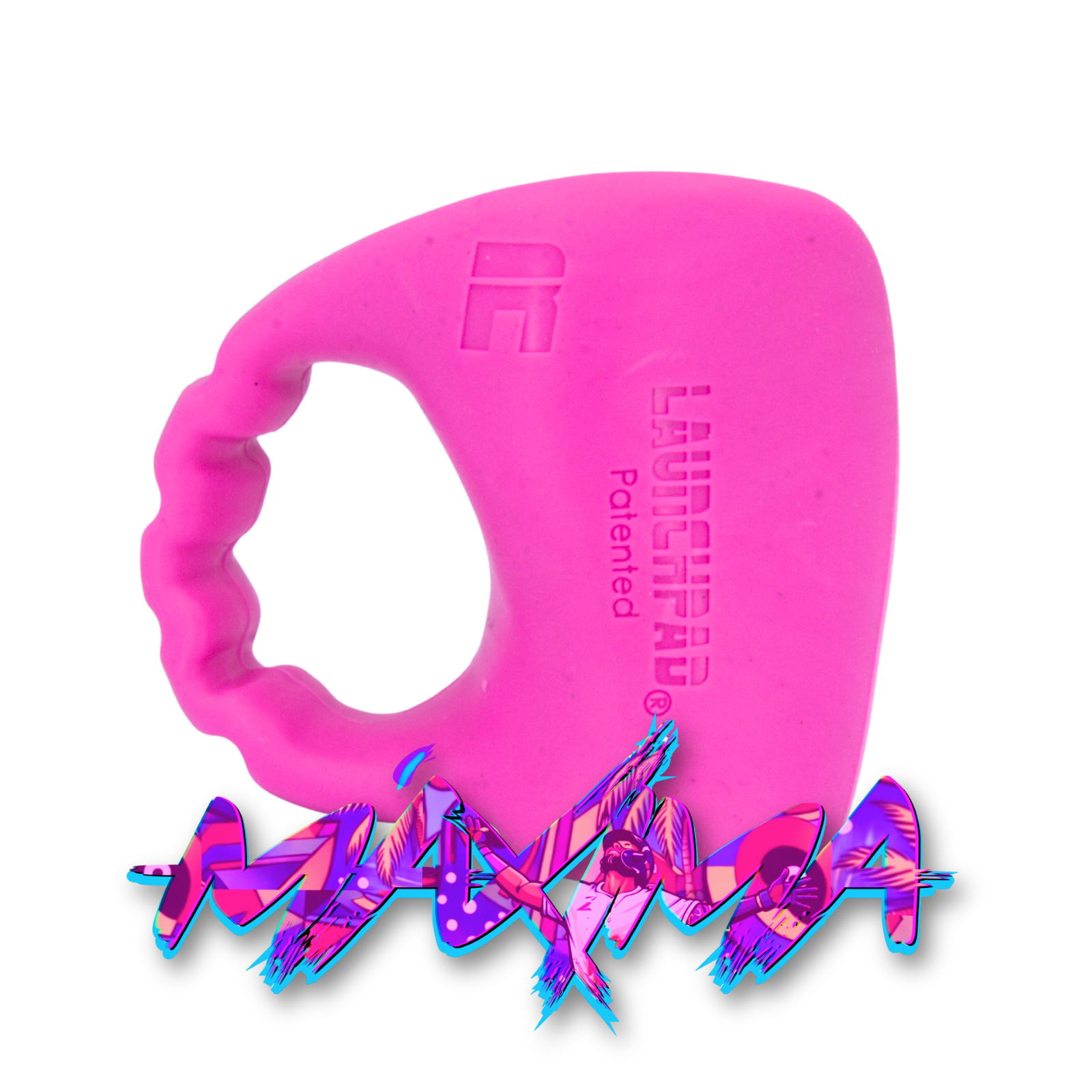 A pink baseball thumb guard with a Junior Caminero collaboration logo
