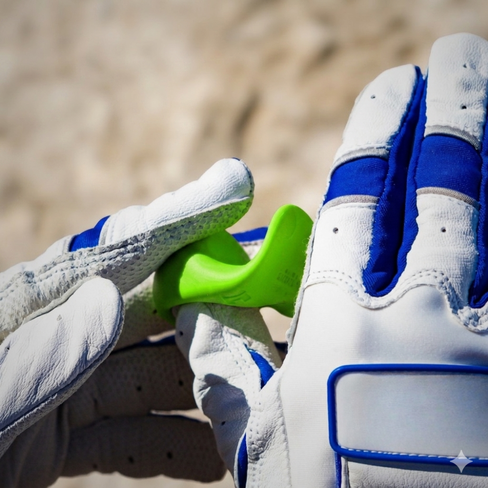 Thin, firm Launchpad thumb guard worn between batting gloves without adding bulk