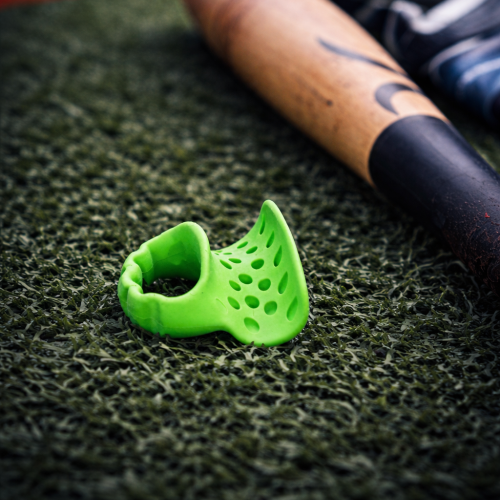 Launchpad thumb guard on turf beside a bat, showing the curved channel and pivot point