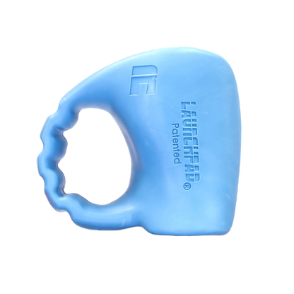 Launchpad baseball thumb guard — baby blue, front view right-handed