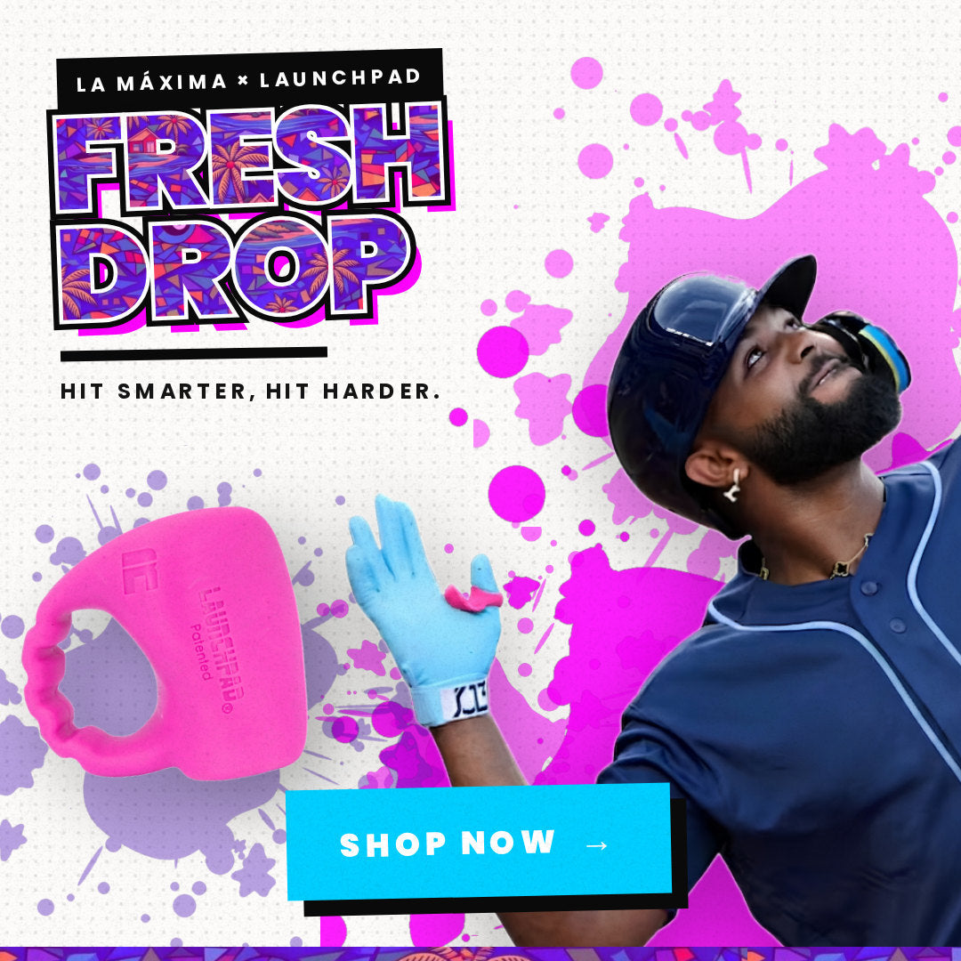 Launchpad Máxima pink baseball thumb guard, the Junior Caminero collaboration