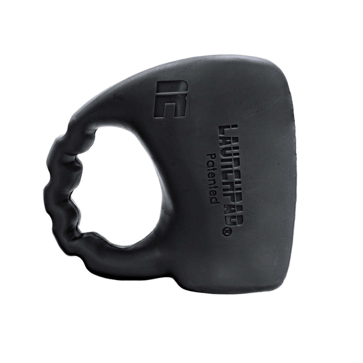 Black Launchpad Max baseball thumb guard for right-handed hitters, hand-specific fit with embossed Launchpad mark