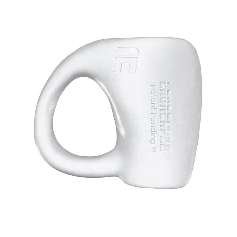 White Launchpad OG baseball thumb guard for right-handed hitters, hand-specific fit with embossed Launchpad mark