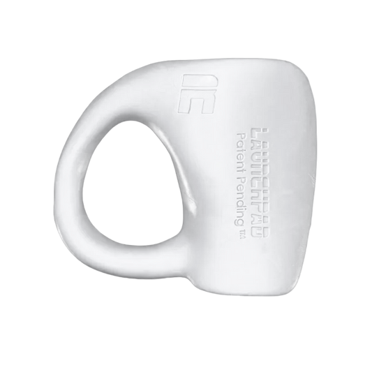 White Launchpad OG baseball thumb guard for right-handed hitters, hand-specific fit with embossed Launchpad mark